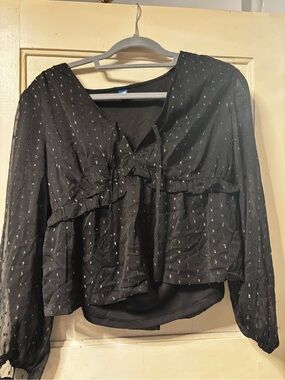 Black Tie-Front Sheer Blouse with Metallic Dots